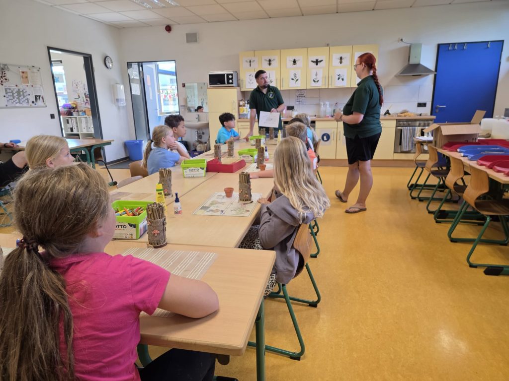 Mitglieder der VNK erklären Kindern den Körperbau einer Biene im Ferienprogramm der Betreuten Grundschule Katzenfurt